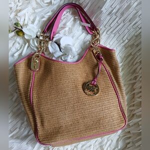 Michael Kors Pink-Trim Straw Shoulder Bag